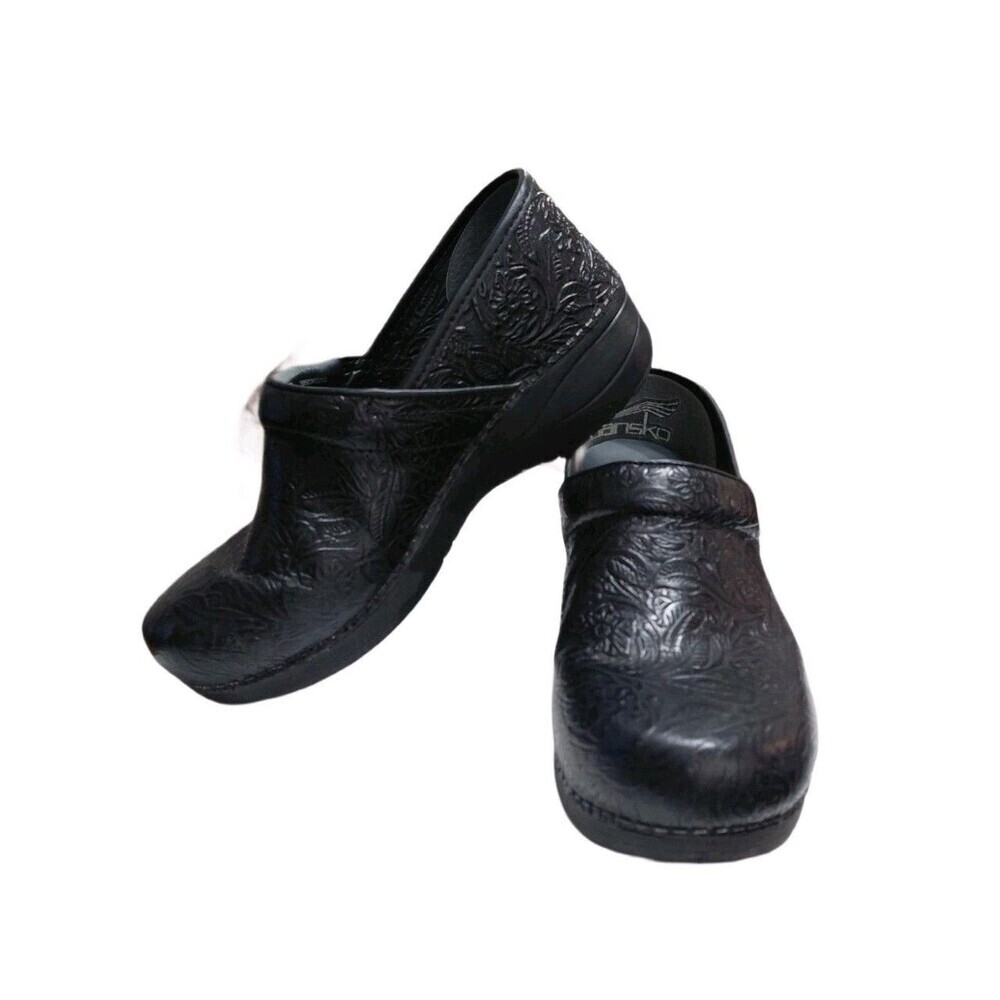 DANSKO XP 2.0 Professional Black Tooled Leather Clogs Size 9 Comfort Shoes